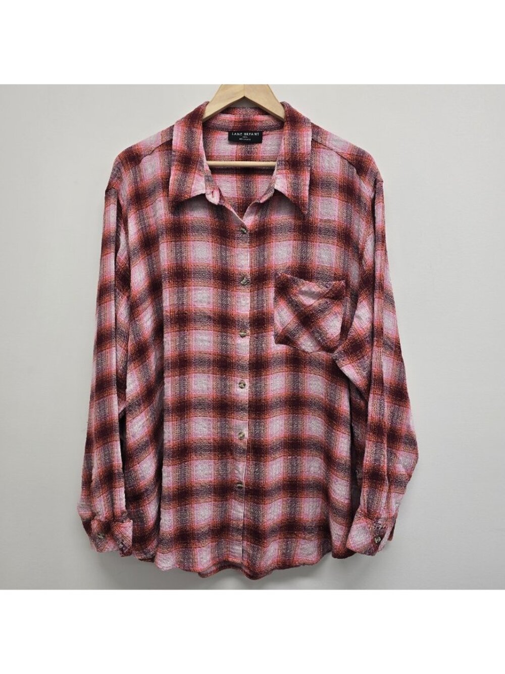 Lane Bryant Crinkle Textured Plaid Button Up Shirt Sz 22/24 Casual Slouchy Comfy